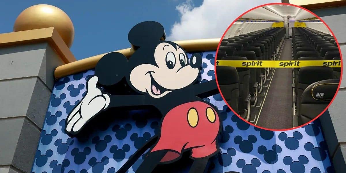 A large sign of Mickey Mouse with outstretched arms is mounted on a decorated wall. To the right, there is an inset image of the interior of a Spirit Airlines plane showing rows of empty seats with a yellow tape blocking the aisle.
