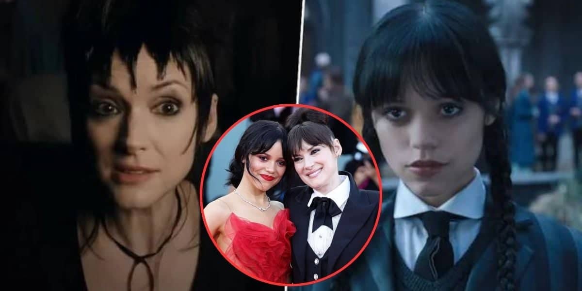 A split image showing two scenes from a show or movie featuring women with dark hair. The left shows a woman in a shadowed scene, the right shows another with braids. Inset in a circle in the center displays two women, one in a red dress and the other in a tuxedo.