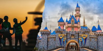 The image is split. The left side shows silhouetted construction workers against a sunset, pointing at a structure. The right side features the vibrant, colorful Disneyland castle at a theme park under clear blue skies.