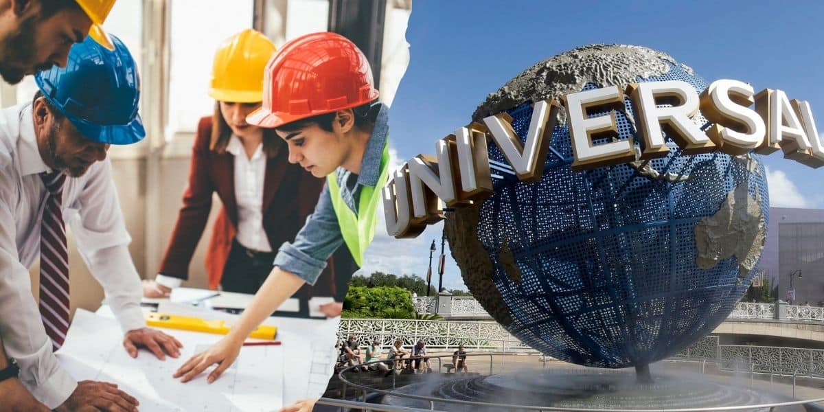 The image is split into two parts: on the left, a group of professionals in construction attire discuss blueprints; on the right, the iconic Universal globe from Universal Orlando's theme park is prominently displayed against a clear blue sky at Universal Orlando Resort.