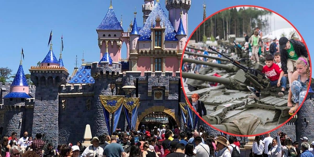 A large crowd is gathered at the entrance of a castle with blue roofs, reminiscent of Disneyland. In a superimposed circular inset, people, including children, are climbing on military tanks displayed outdoors. The contrast highlights different activities.
