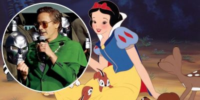 A digitally edited image shows a man in a green cape and sunglasses giving a speech while holding a mask. The man is superimposed next to the character Snow White, who is sitting in a forest with animal friends including a deer and a rabbit.