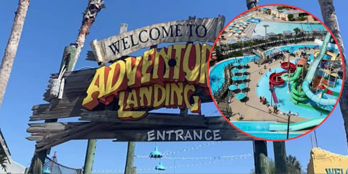 Sign that reads "Welcome to Adventure Landing" with an entrance sign below it, set against a blue sky and palm trees. Inset image shows an aerial view of a water park with various slides, pools, and lounging areas along with numerous visitors.