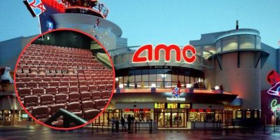 A brightly lit AMC movie theater with a large illuminated sign above the entrance. The building has a modern design with rounded edges and glass walls. An inset circular image shows rows of red cushioned seats inside a theater, highlighting the seating arrangement.