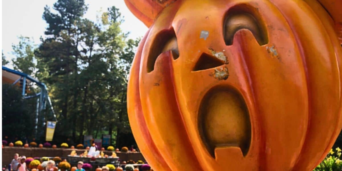 A large, carved pumpkin decoration with a shocked expression stands prominently in the foreground. In the background, people are seen sitting in a park-like setting within a theme park, surrounded by trees and additional pumpkin decorations. The scene appears festive at Kings Dominion.