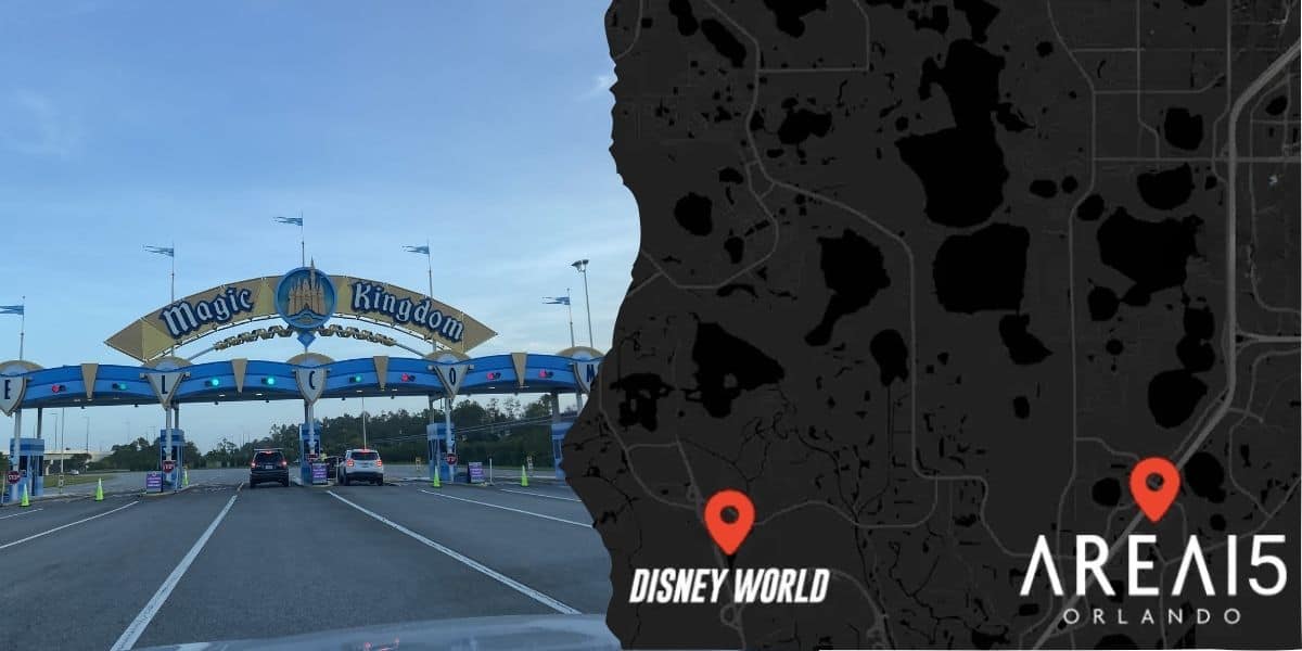 A view of the entrance to the megacomplex at Disney World's Magic Kingdom on the left with two cars approaching the gate. On the right, there's a dark-themed map indicating locations of Disney World and Area 15 Orlando with red map pins.