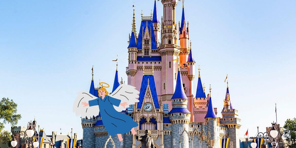 A whimsical illustration depicts an angel with a halo and blue robe flying in front of a grand, colorful castle with pink and blue spires under a clear blue sky. The magical scene, reminiscent of Disney World's enchanting atmosphere, beautifully blends fantasy elements in its dreamy setting.