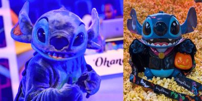A blue, alien-like character, Stitch, from Disney's "Lilo & Stitch," is featured twice. On the left, in a costume posing with a thumbs up. On the right, as a Halloween-themed toy holding an orange pumpkin bucket filled with popcorn.