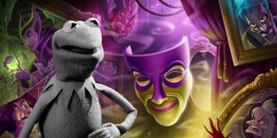 A black-and-white puppet with a triangular collar stands in front of a colorful, chaotic background filled with images of various Disney Villains, including sinister masks and framed portraits, casting an eerie, magical atmosphere.