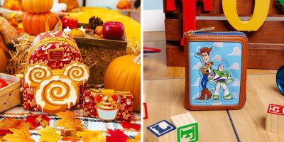 Two autumn-themed displays, each showcasing colorful Disney-themed accessories. The left side features a red backpack, wallet, and coin purse with a cinnamon roll design, surrounded by pumpkins and leaves. The right side shows a wallet with Woody and Buzz Lightyear, set among toys.