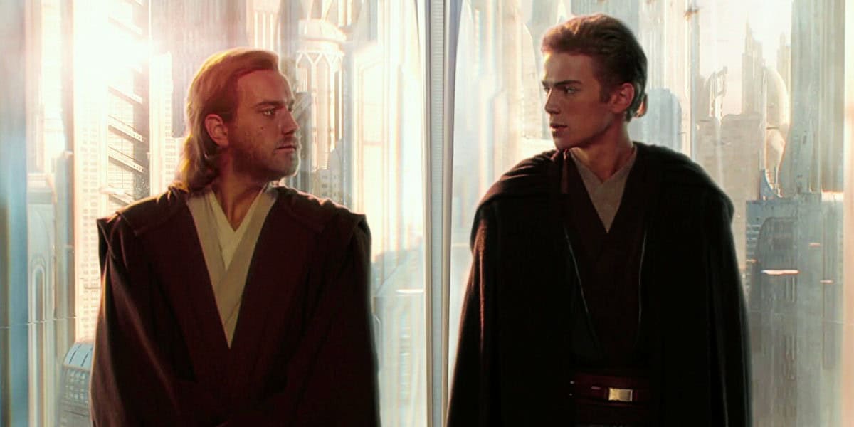 Obi-Wan Kenobi (Ewan McGregor) and Anakin Skywalker (Hayden Christensen) face each other in an elevator.