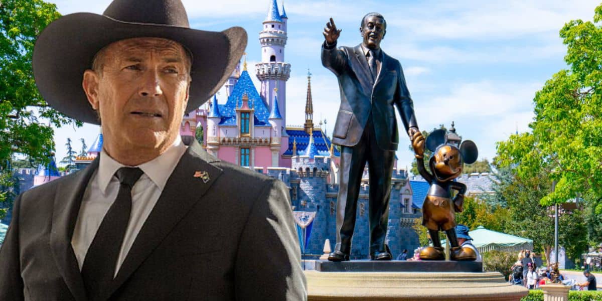 Kevin Costner as John Dutton from Yellowstone, framed against a statue of Walt Disney and Mickey Mouse at Disneyland