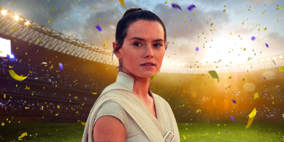 Daisy Ridley as Rey Skywalker, framed against a sports arena.