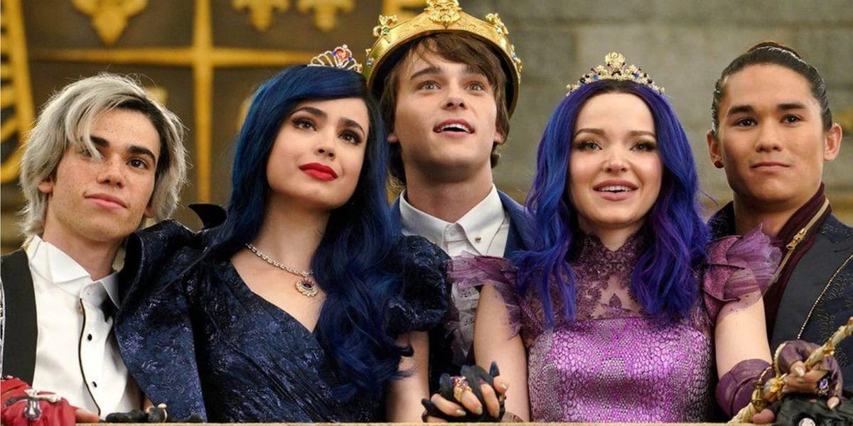 Cameron Boyce, Sofia Carson, Mitchell Hope, Dove Cameron, and Booboo Stewart as Disney legacy characters in the first Descendants movie.