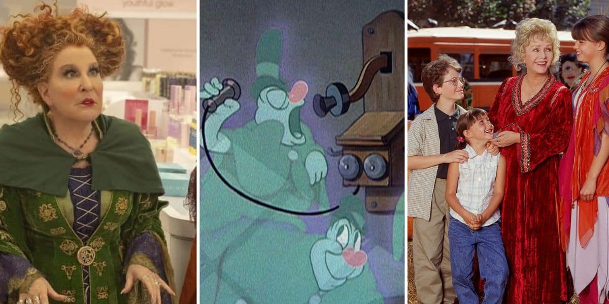 A Disney Halloween triptych: Left, a woman with curly red hair in a green medieval-style dress against a shop background; center, an animated ghost using a vintage phone; right, a family of five with a woman in red attire standing together outdoors. Perfect addition to your Halloween checklist!