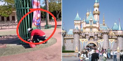 On the left, a person is crouching down near a green fence wearing a red shirt with a backpack beside them in Disneyland. On the right, a large crowd gathers in front of the blue-roofed castle with turrets and golden accents in the same park.