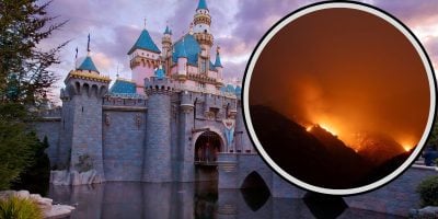 A picturesque, castle-themed amusement park attraction at Disneyland Resort is shown under a cloudy sky. In an inset, a separate scene depicts California wildfires with intense orange flames consuming vegetation on a hillside at night.