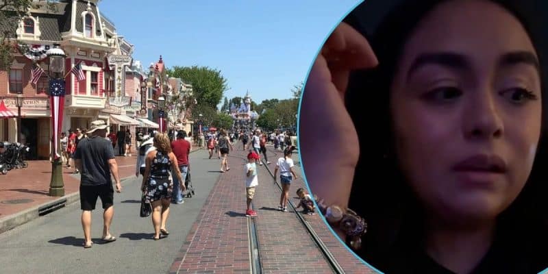 Split-screen image with two sections: the left side shows Main Street, U.S.A. in Disneyland Park in Southern California. The right image shows a woman speaking.