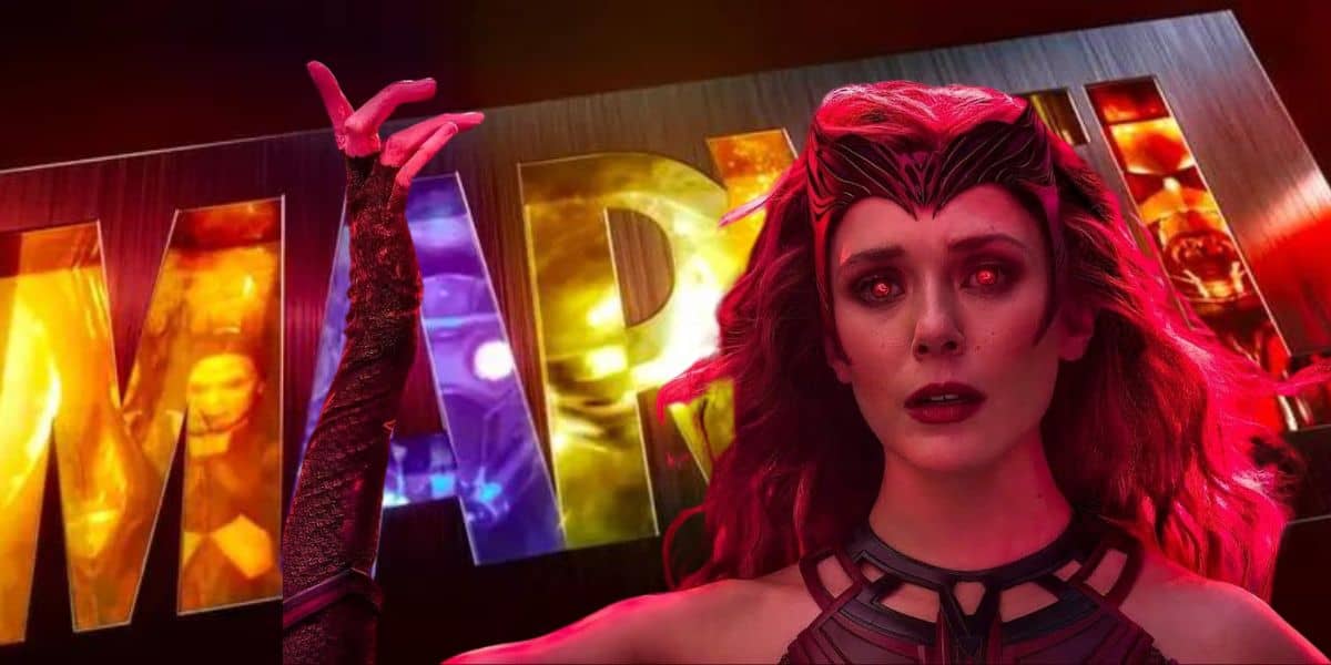 Scarlett Witch/Wanda Maximoff (Elizabeth Olsen) superimposed against the Marvel Studios logo.