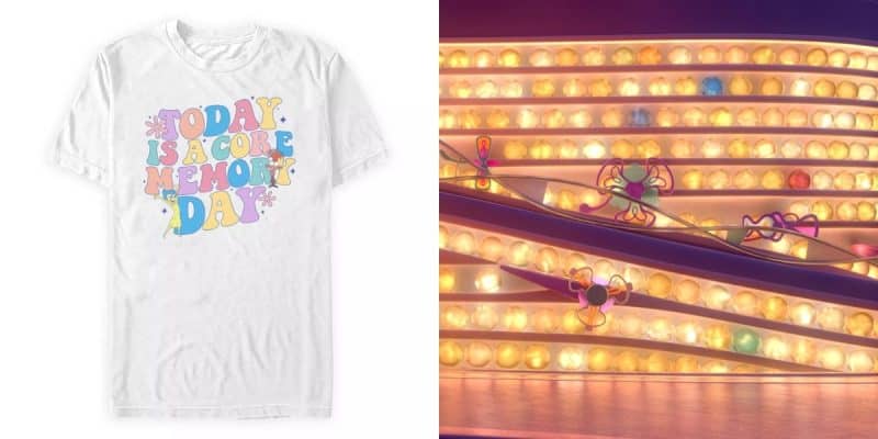 Side-by-side images: On the left, a white t-shirt with colorful, playful text that reads "Today is a core memory day." On the right, a spiral shelf filled with glowing, spherical objects representing core memories, reminiscent of Disneyland's enchanting ambiance.