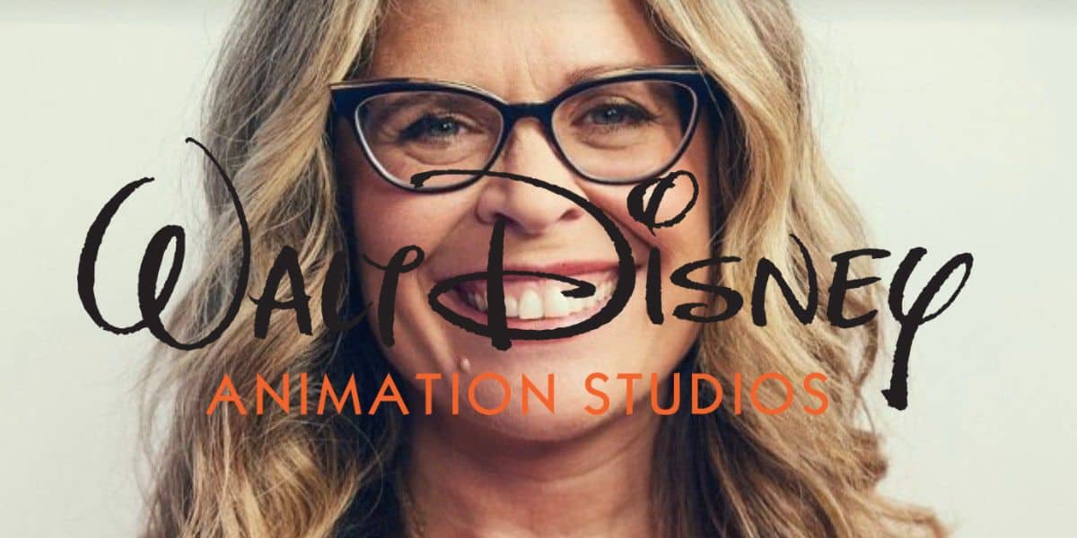 Jennifer Lee, former CCO of Walt Disney Animation Studios, with the logo of her company in front of her.