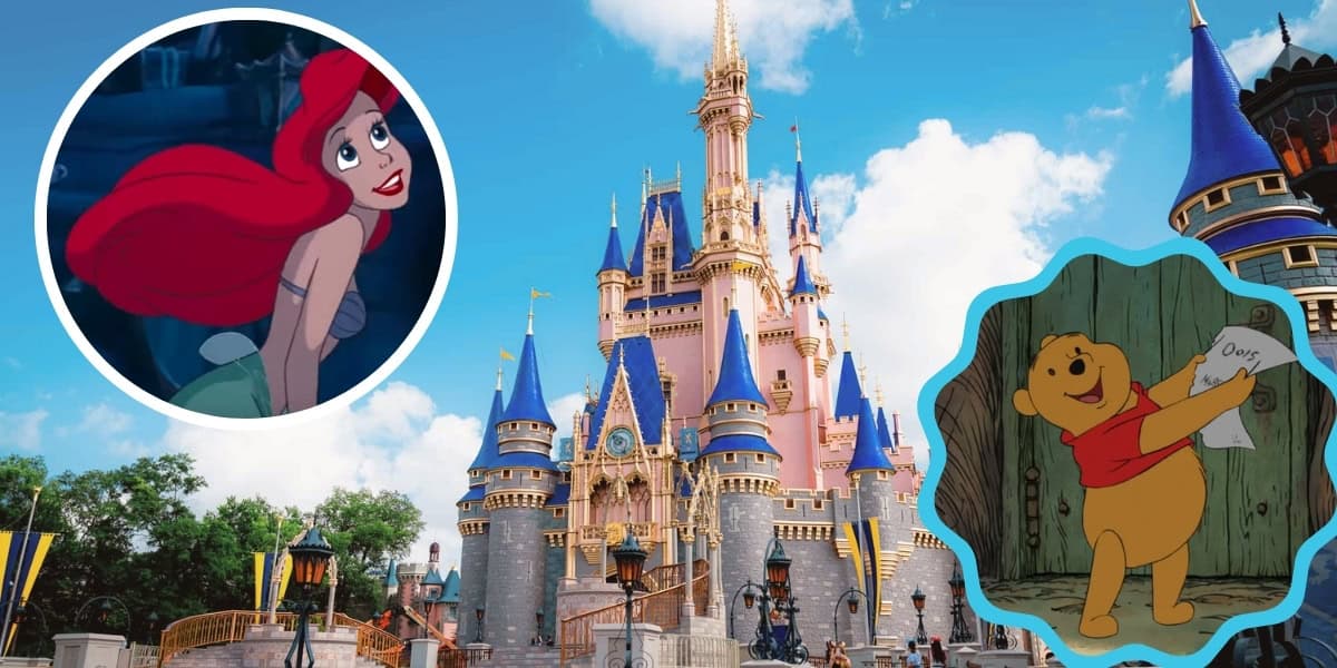 An image of a fairy-tale castle with blue and gold accents under a bright blue sky. The castle is flanked by two circles: the left features an animated mermaid with red hair, and the right shows an animated bear holding a piece of paper with writing. Perfect for fans of Disney Loungefly Crossbody Bags!