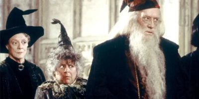 McGonagall, Sprout, and Dumbledore together in the hallway of Hogwarts