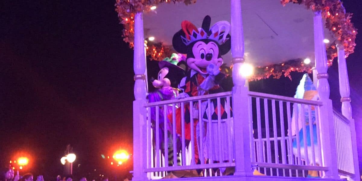 Mickey Mouse waves to guests from a gazebo during the Boo to You! parade at Walt Disney World Resort's Magic Kingdom.