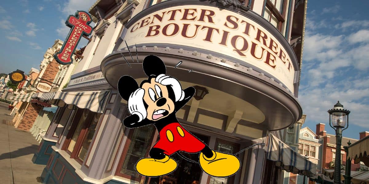 Mickey Mouse shocked in front of Center Street Boutique entrance