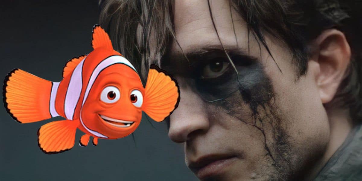 Robert Pattinson as Bruce Wayne/Batman, juxtaposed with Marlin (Albert Brooks) from Finding Nemo