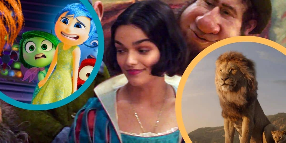A collage of animated characters and a live-action person: Emotional characters from "Inside Out" on the left, a Disney Live Action woman in a blue outfit in the center, a character from "Onward" in the background, and a lifelike lion from "The Lion King" on the right.