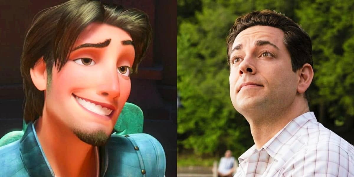 Flynn Ryder from Tangled and Zachary Levi, the actor who voices him.