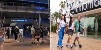 Split image: Left side shows people walking near the entrance of the Test Track ride at night, illuminated with blue lighting. Right side depicts three people walking hand-in-hand past a building labeled "CommuniCore" during daytime; two wear Mickey Mouse ears in the heart of EPCOT.