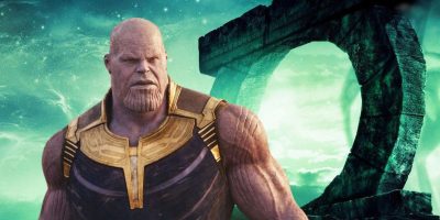 Thanos (Josh Brolin) in front of the DC Green Lantern symbol.