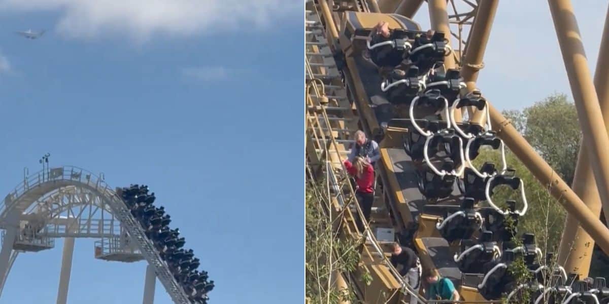 A two-part image showing a Hyperia roller coaster malfunction. The left side captures the Hyperia roller coaster train stuck at the top of an incline at Thorpe Park, with passengers visible. The right side shows a close-up of the stranded passengers on the coaster, some holding on to the safety restraints.