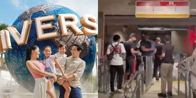 A family outside Universal Studios Singapore (left), a live streamer getting kicked out of a ride at Universal Studios Singapore