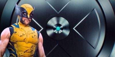 Wolverine (Hugh Jackman) against the X-Men door/logo.
