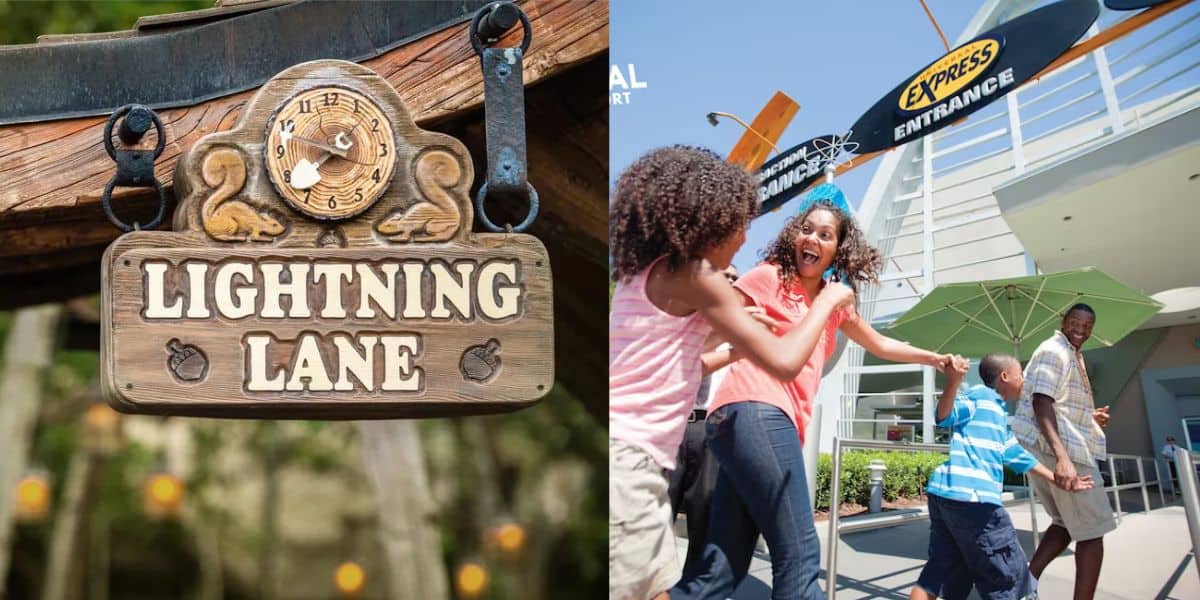 A wooden sign adorned with Mickey Mouse details reads "Lightning Lane." Nearby, a Disney family of four eagerly enters an amusement park ride through the vibrant "Express Entrance," marked by bright colors and arrows.