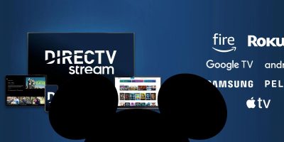 Graphic showcasing Disney DirecTV Stream on various devices, featuring logos for Fire TV, Roku, Google TV, Samsung, and Apple TV. A prominent silhouette of mouse ears in the foreground partly conceals the devices.
