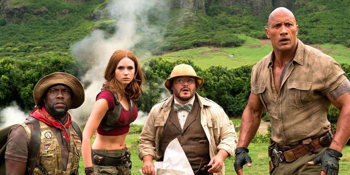 Kevin Hart, Karen Gillan, Jack Black, and Dwayne Johnson in Jumanji: Welcome to the Jungle