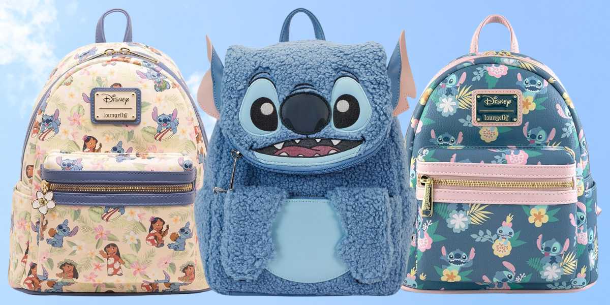 Three vibrant Stitch-themed loungefly backpacks are displayed. The left and right bags boast floral patterns, while the center backpack mimics Stitch, complete with blue fur, ears, and a smiling face. A clear blue sky serves as the perfect backdrop.