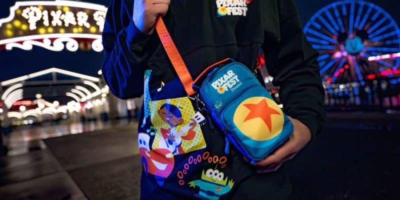 A person stands at an amusement park, wearing a Pixar Fest sweatshirt. They hold Pixar-themed bags from the Better Together Pixar Parade, featuring characters and designs from various films. Bright lights and a Ferris wheel glow joyfully in the background.