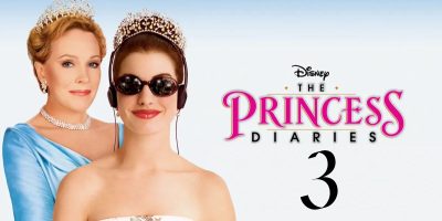 Two women wearing tiaras stand in front of a white background. The woman in the foreground sports sunglasses and headphones. The text announces, "Disney The Princess Diaries 3," highlighting the *new developments* in this long-awaited sequel.