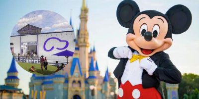 A cartoon mouse character stands cheerfully in front of a castle, reminiscent of Disney World Park. An inset reveals a concept image of a building with a purple logo, surrounded by people enjoying a sunny day on the grassy area, not unlike the open spaces found in Denver, Colorado.