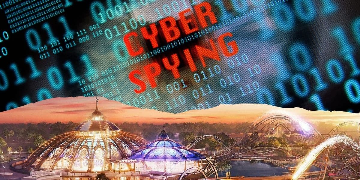 A layered image displays the text "Cyber Spying" over binary code. Below lies a lit-up dome and roller coasters, likely a theme park, under a colorful sky, symbolizing how online compliance issues mirror disruptive guest behavior in real-world attractions inside Epic Universe at Universal Orlando Resort.