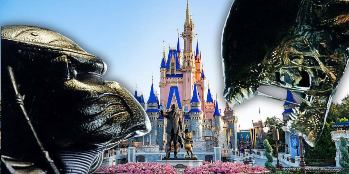 A surreal image featuring a fantasy castle with blue spires reminiscent of Disney attractions. On either side, two sci-fi creatures face each other, evoking an Alien vs. Predator showdown. In the foreground, a statue of cartoon characters adds to the blend of fantasy and science fiction elements.