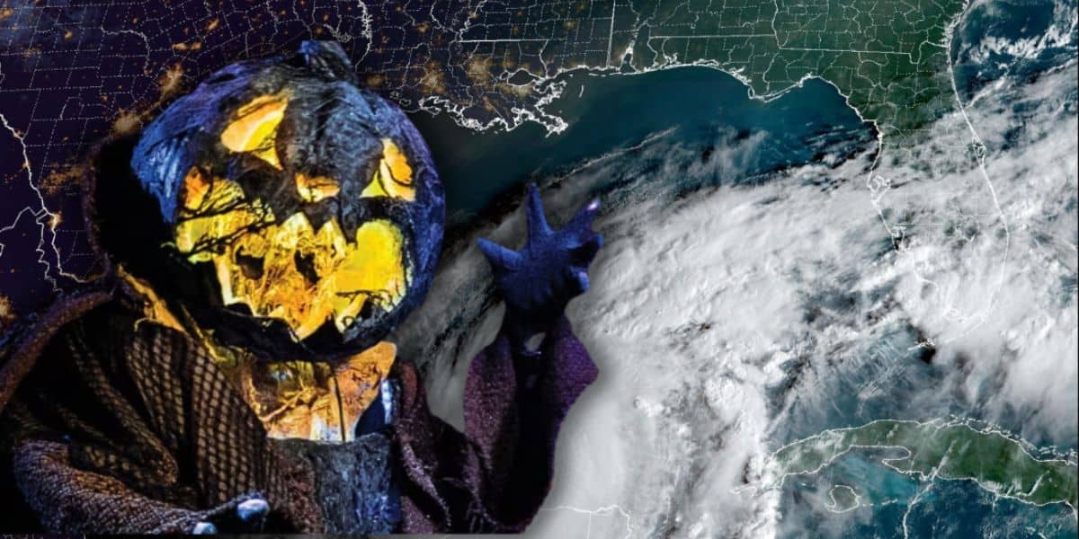 A pumpkin-headed figure with glowing eyes and mouth stands in front of a satellite image of a weather system over the Gulf of Mexico, reminiscent of the thrill at Universal Orlando Resort. The figure's hand is raised toward the swirling clouds, against a backdrop of city lights at night, canceling Halloween Horror Nights.
