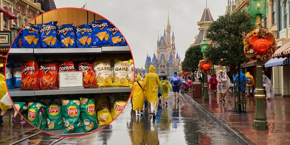 Shoppers in raincoats walk along a rainy street in a theme park decorated with pumpkins. An inset shows a store shelf displaying various bags of chips with a sign limiting purchases to two per guest.