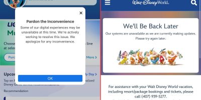 Screenshot showing two pop-up messages. Left: "Pardon the Inconvenience" with a note about digital service issues. Right: "We'll Be Back Later" from Walt Disney World, explaining system unavailability due to updates and a temporary website outage. Contact information provided.