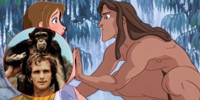 Animated scene of a muscular man with long hair meeting a woman in a jungle setting. A circular inset shows a man with a chimpanzee on his shoulders. The background features green foliage and mist.